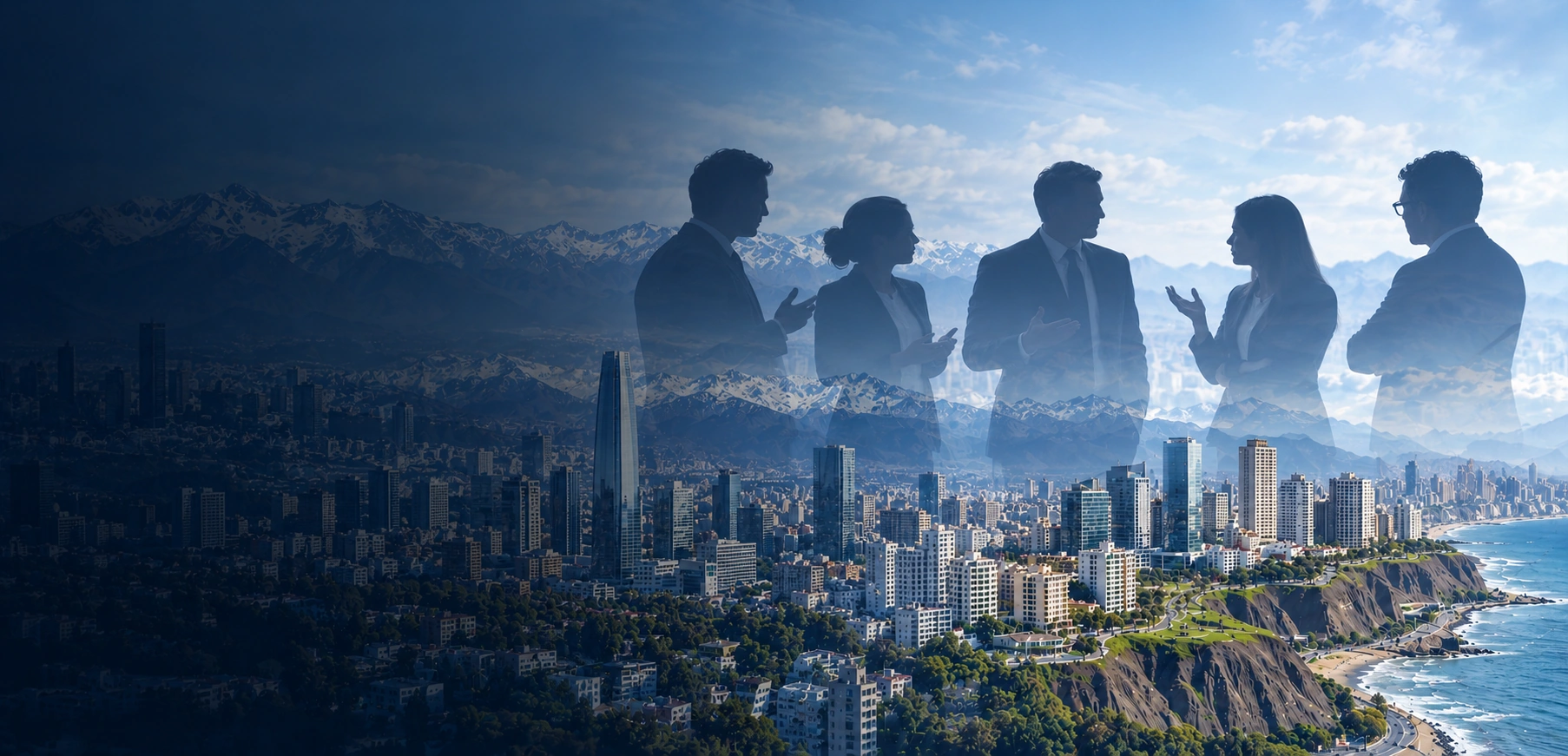 Siluetas de profesionales sobre una composición de Santiago, los Andes y la costa de Lima