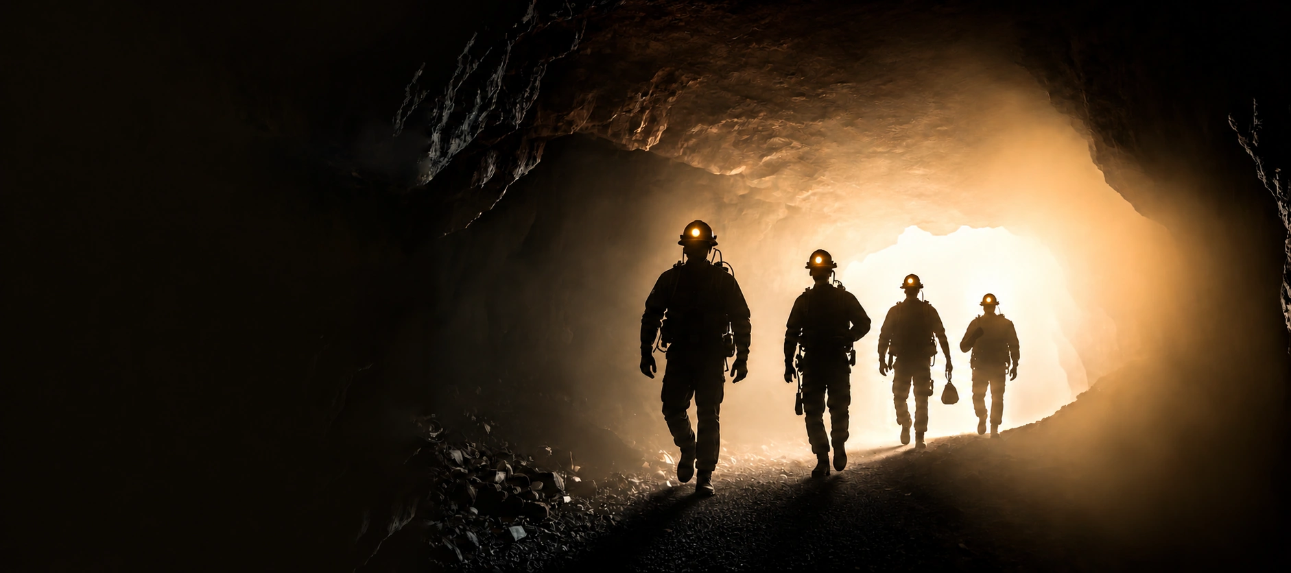 Cuatro mineros caminando por un túnel iluminado con luz dorada