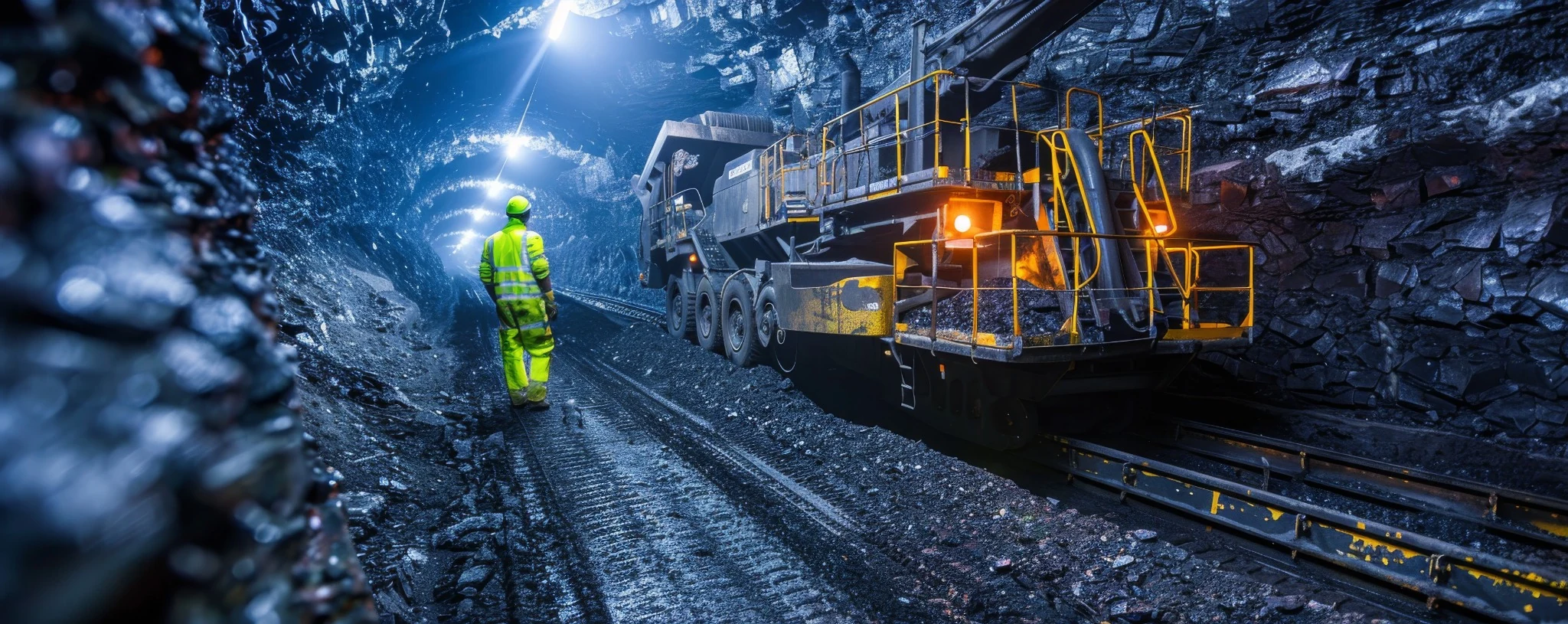 Underground mining equipment and a worker in high-visibility clothing